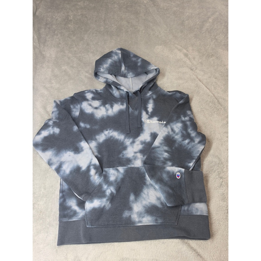 Champion Grey Tie Dye Hoodie Fleece Sweatshirt Embroidered Logo Mens Medium